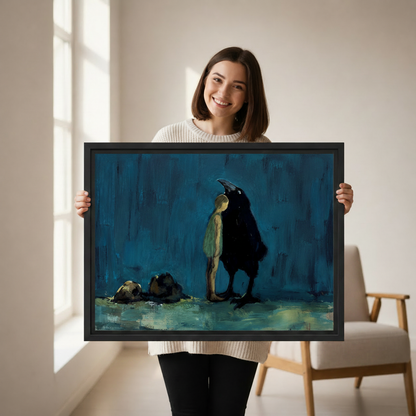 Person holding dark surreal boy and raven canvas wall art, moody gothic oil painting print