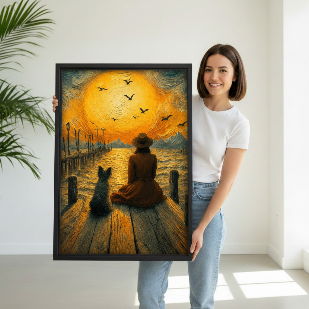 Hand holding Van Gogh style sunset canvas print – woman and dog dock scene wall art gift idea