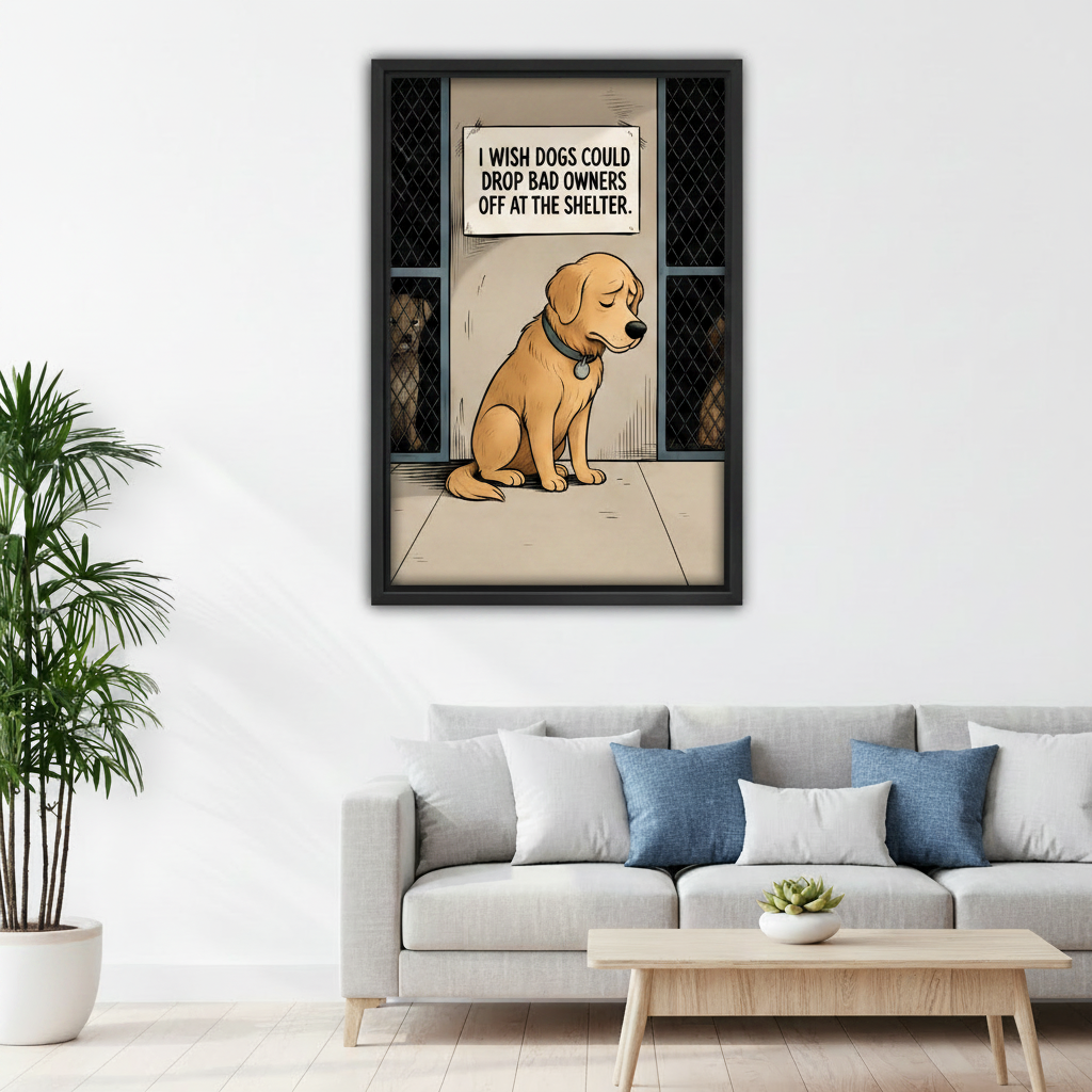 Funny dog shelter comic print in black frame, Scandinavian living room sofa wall decor, humorous dog lover art