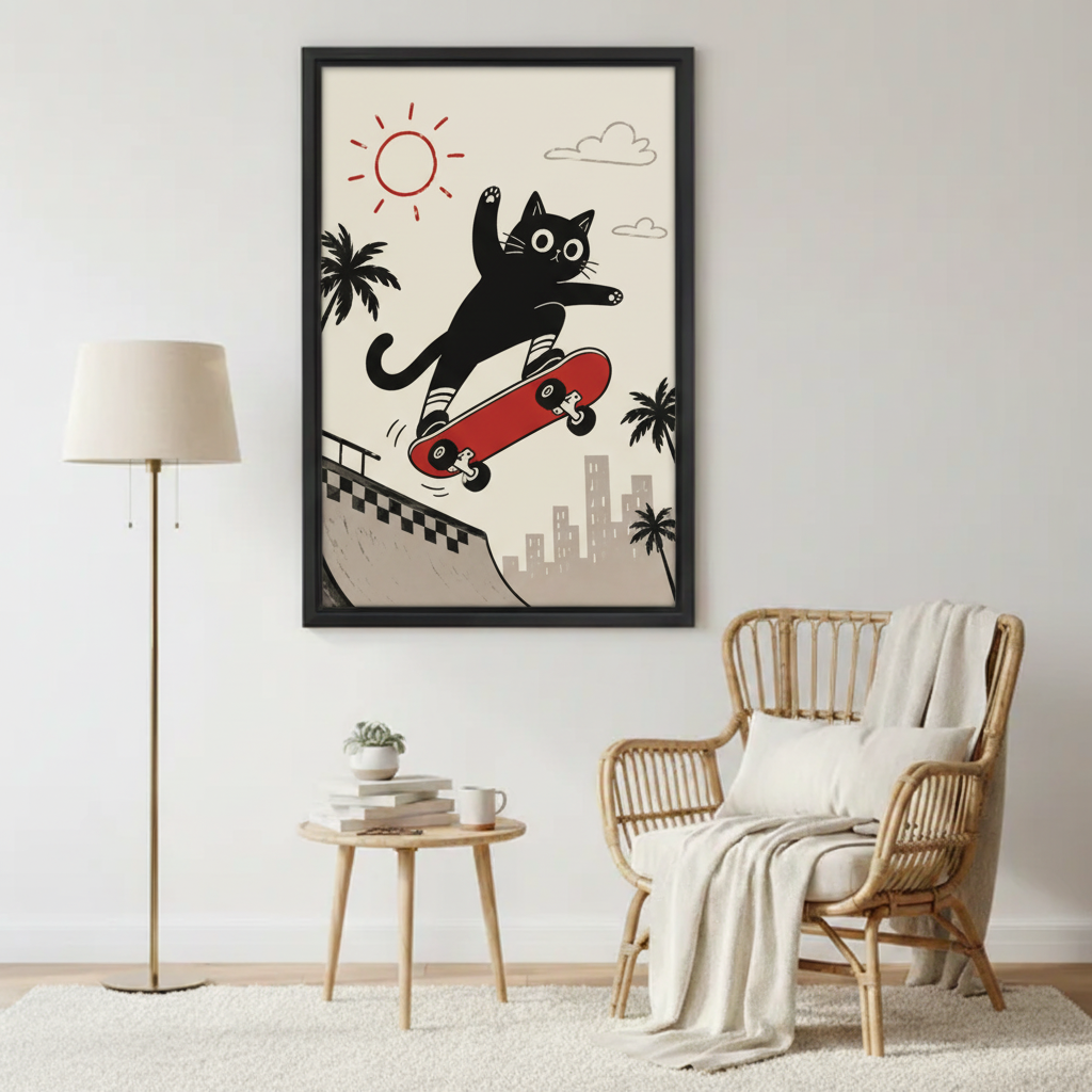 Black cat jumping on red skateboard at skate ramp with palm trees — retro cartoon canvas print