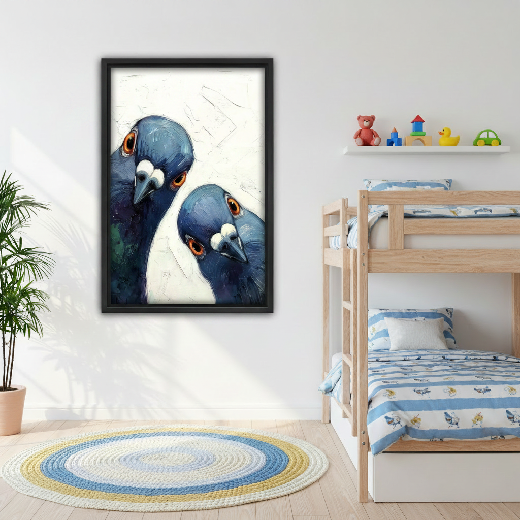 Blue pigeon pair impasto oil painting framed art – black frame above cream sofa in Scandinavian living room