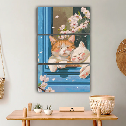 Cats Cuddling in Window Art Print - Japanese Cherry Blossom Home Decor|Liberty Signs #L656