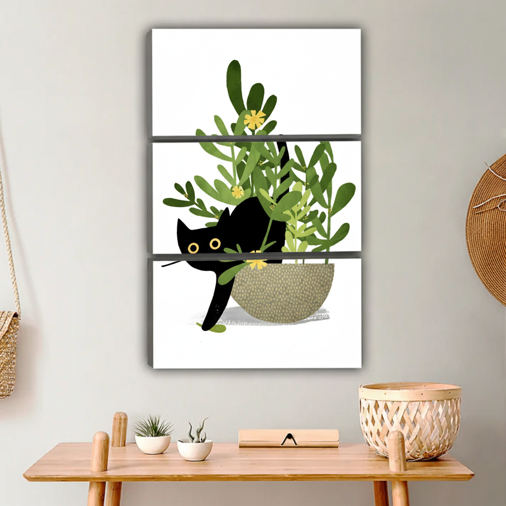 Black Cat with Succulent Plant Wall Art - Minimalist Pet Canvas|Liberty Signs #L645