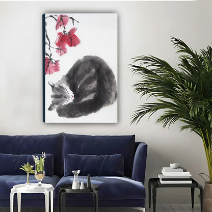 Sleeping Cat & Red Blossoms — Zen Ink Brush Wall Art| Liberty Signs#L948
