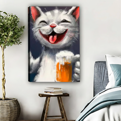Happy Cat with Beer Wall Art - Funny Animal Canvas Print|Liberty Signs #L540