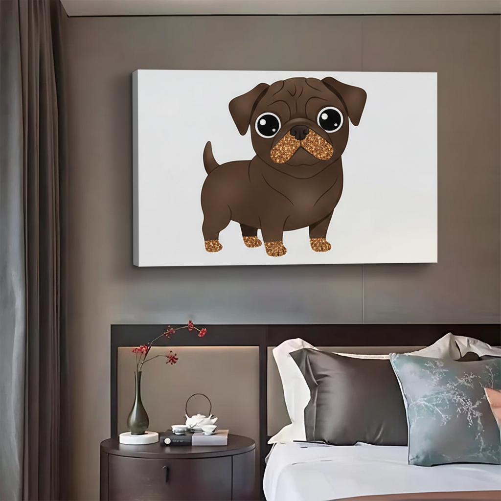 Cute Chocolate Pug Art Print - Adorable Dog with Gold Glitter Accents|Liberty Signs #L412