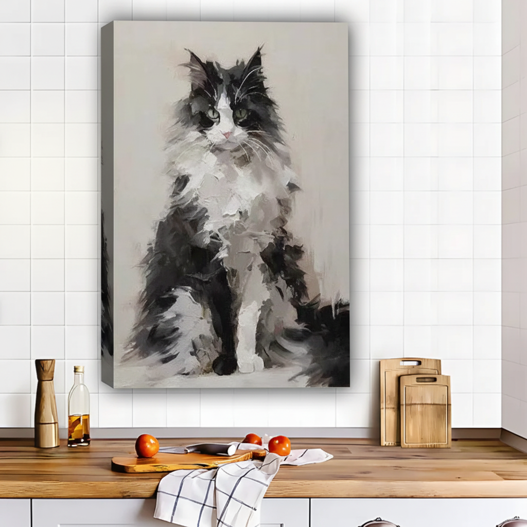 Monochrome Fluffy Cat Wall Art | Neutral Oil Painting for Modern Farmhouse Decor|Liberty Signs #L552
