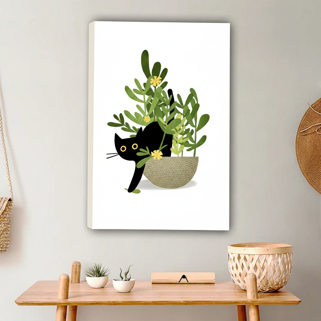 Black Cat with Succulent Plant Wall Art - Minimalist Pet Canvas|Liberty Signs #L645