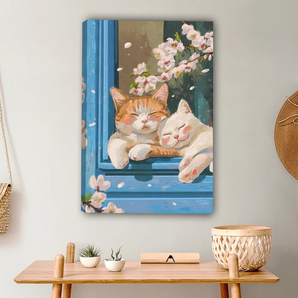 Cats Cuddling in Window Art Print - Japanese Cherry Blossom Home Decor|Liberty Signs #L656