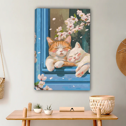 Cats Cuddling in Window Art Print - Japanese Cherry Blossom Home Decor|Liberty Signs #L656