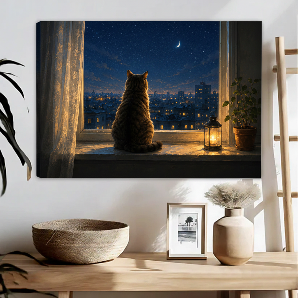 Fluffy cat night city skyline gallery wrap canvas wall art, moonlit oil painting cat lover print