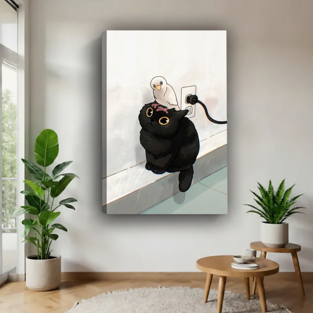 Cute chubby cat and bird anime canvas art print — unframed kawaii illustration style, adorable cat lover wall decor