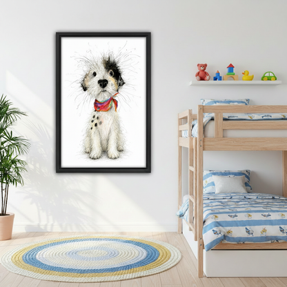 Fluffy scruffy dog rainbow scarf framed canvas wall art in bedroom, cute wild-haired puppy sketch print, sweet dog lover kids room decor