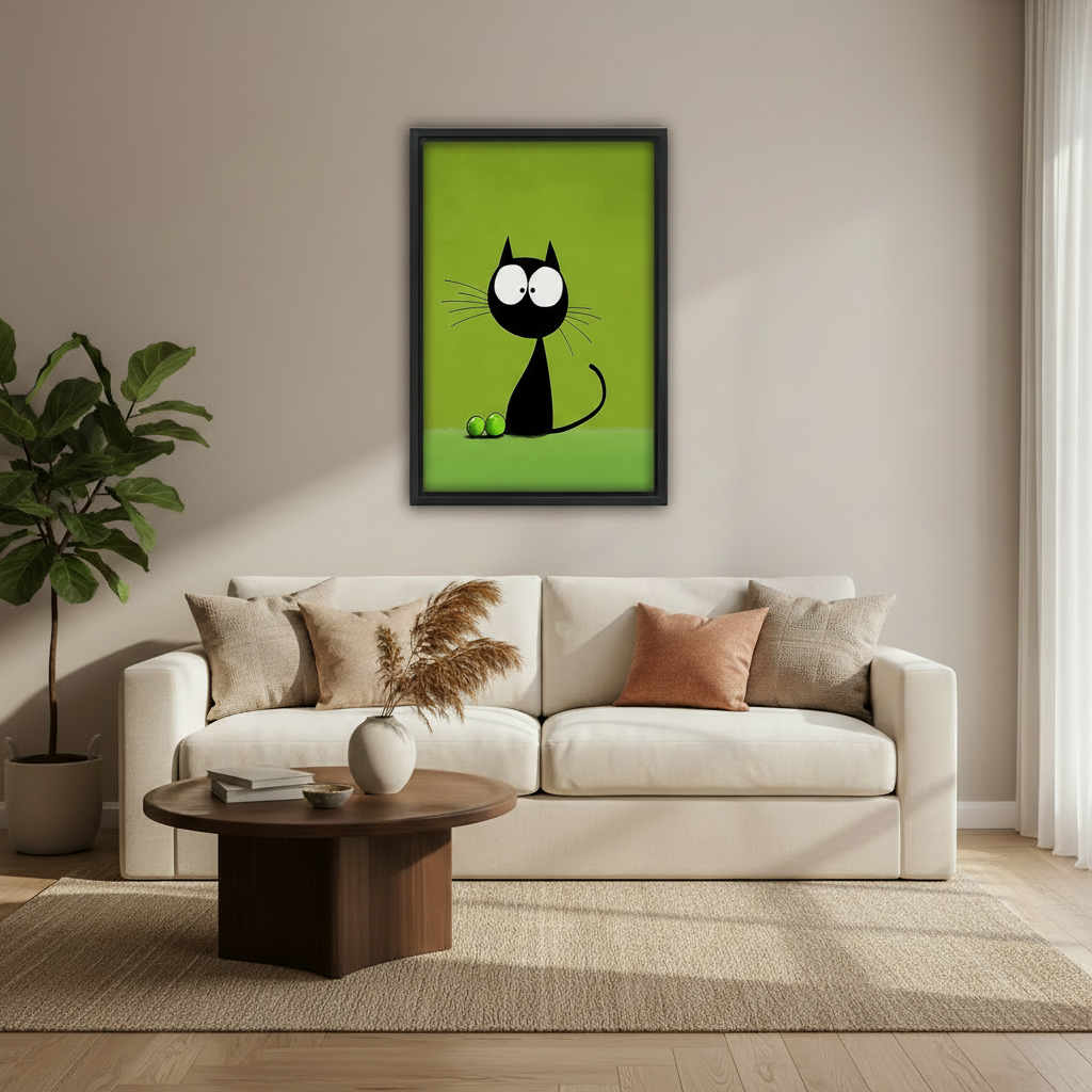 Cartoon black cat green wall art canvas, humorous home decor print