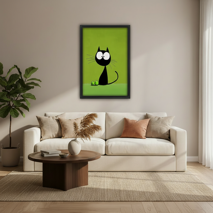 Cartoon black cat green wall art canvas, humorous home decor print