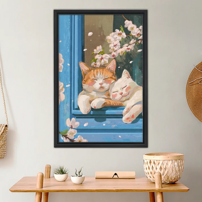 Cats Cuddling in Window Art Print - Japanese Cherry Blossom Home Decor|Liberty Signs #L656