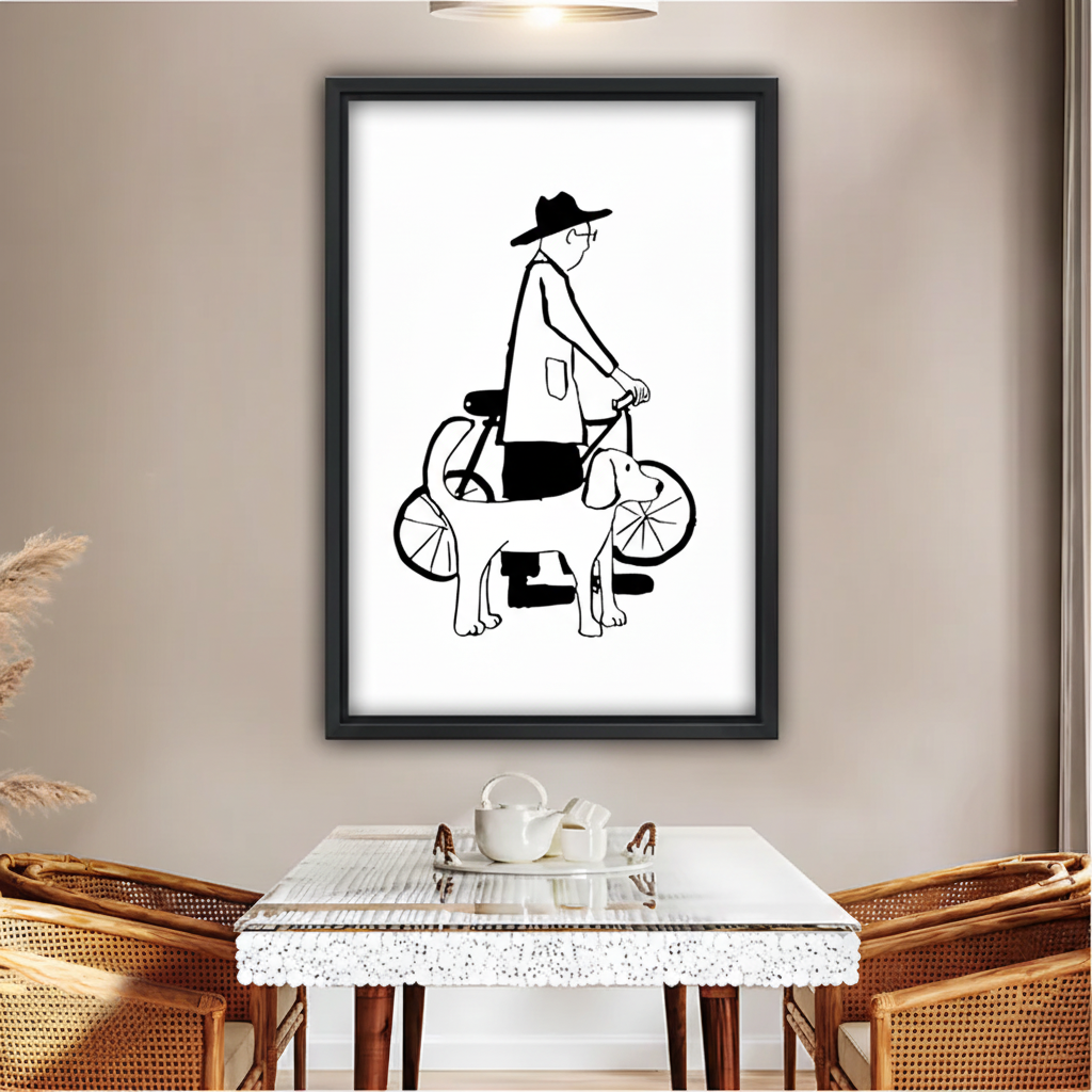 Pet Lover Minimalist Wall Art – Man Cycling with Dog Line Drawing|Liberty Signs #L519