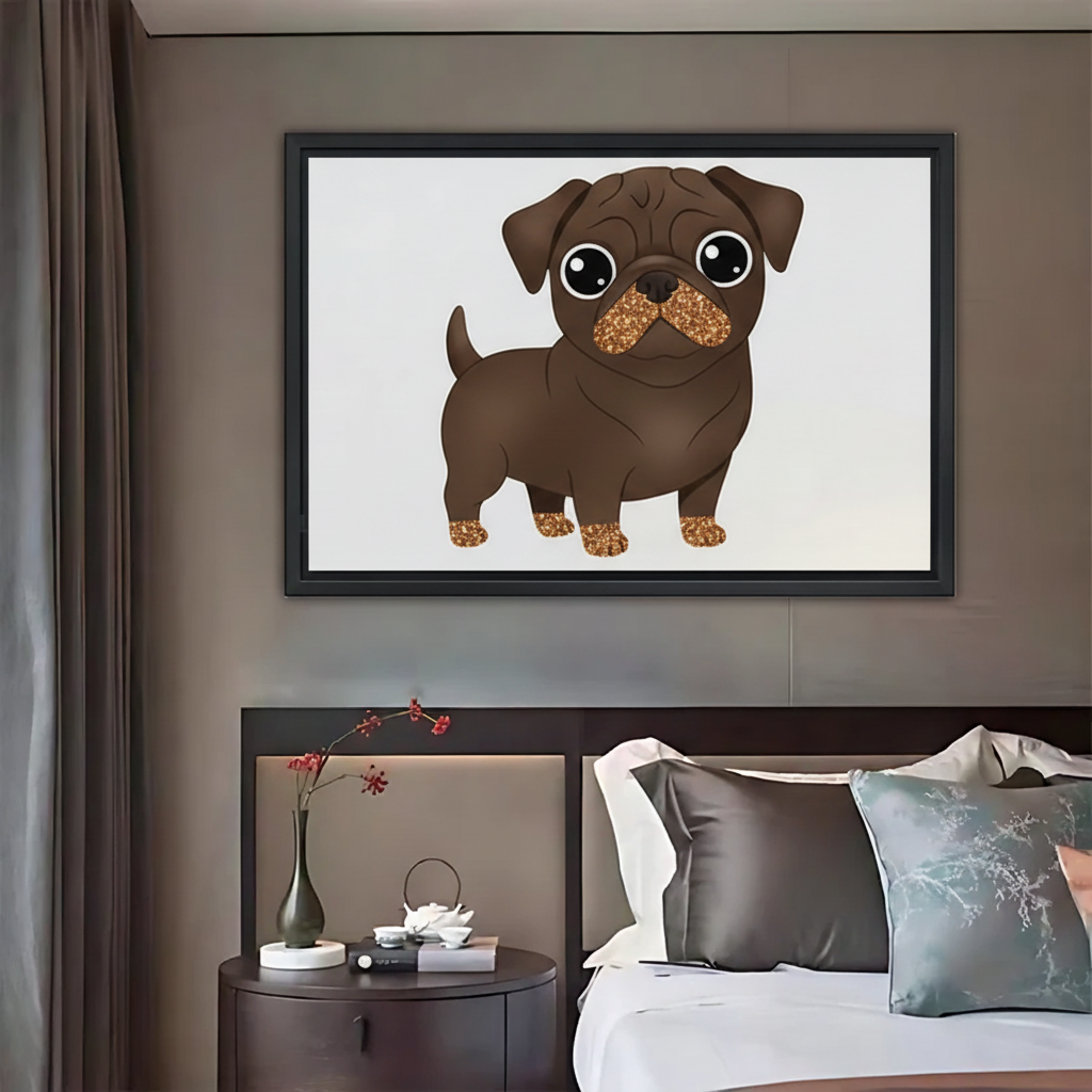 Cute Chocolate Pug Art Print - Adorable Dog with Gold Glitter Accents|Liberty Signs #L412
