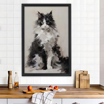 Monochrome Fluffy Cat Wall Art | Neutral Oil Painting for Modern Farmhouse Decor|Liberty Signs #L552