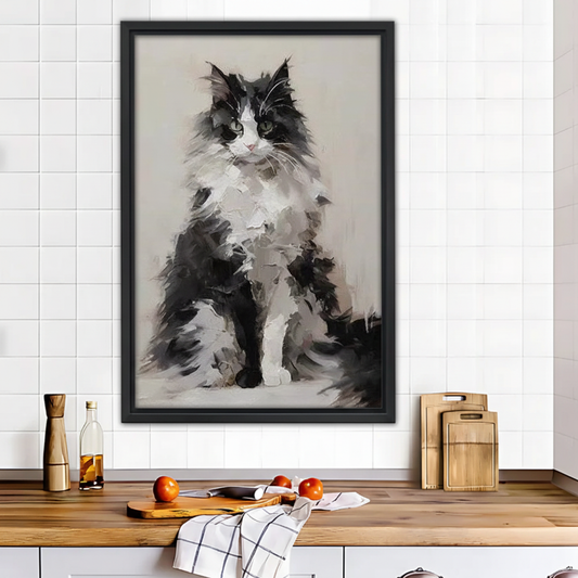 Monochrome Fluffy Cat Wall Art | Neutral Oil Painting for Modern Farmhouse Decor|Liberty Signs #L552