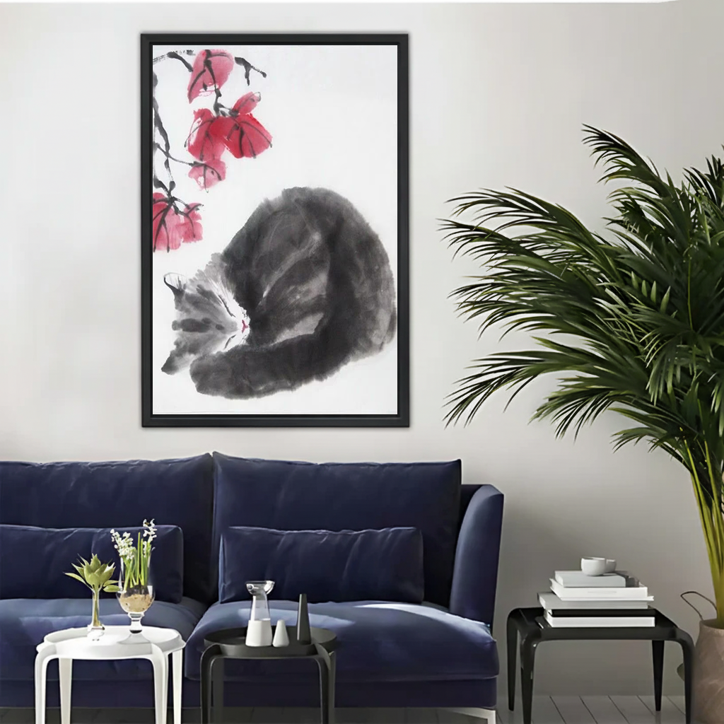 Sleeping Cat & Red Blossoms — Zen Ink Brush Wall Art| Liberty Signs#L948