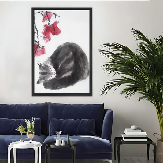 Sleeping Cat & Red Blossoms — Zen Ink Brush Wall Art| Liberty Signs#L948