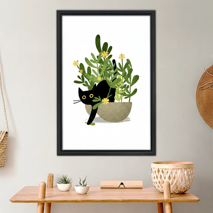 Black Cat with Succulent Plant Wall Art - Minimalist Pet Canvas|Liberty Signs #L645