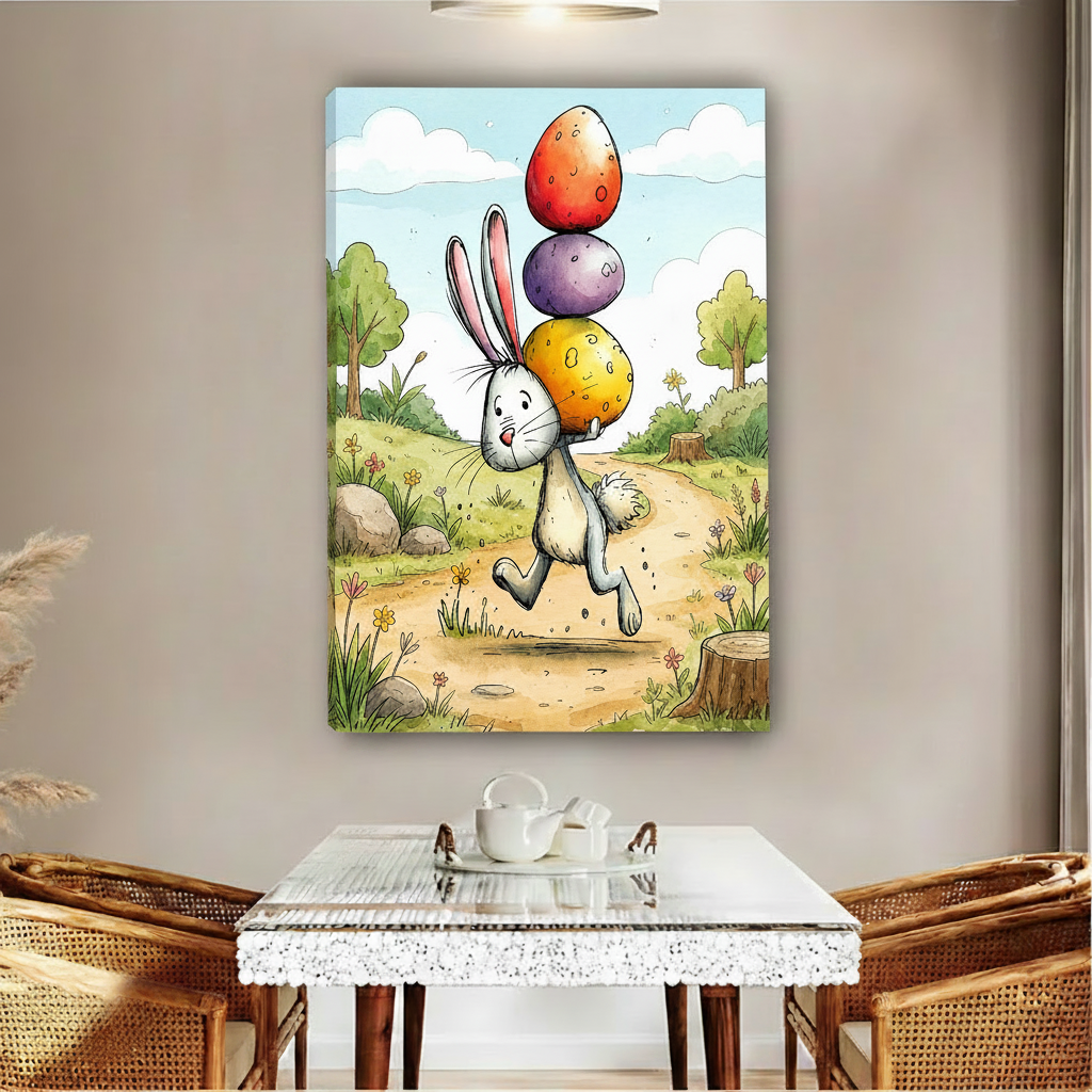 Whimsical Easter bunny art print, cheerful cartoon rabbit with stacked eggs in sunny field, kids decor
