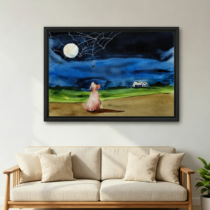 Framed watercolor dog night sky canvas art displayed in modern living room, moon and spiderweb wall decor