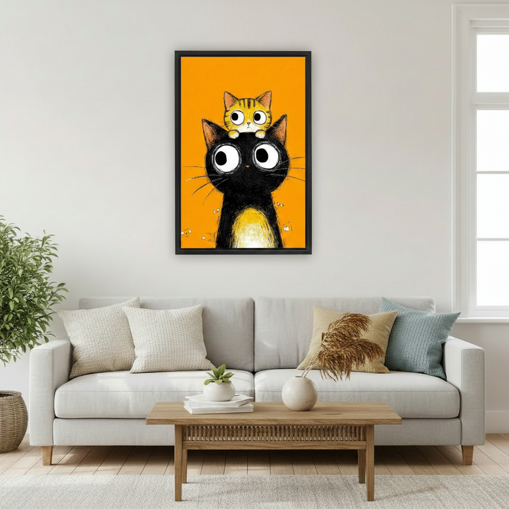 Big-eye cat framed canvas print — cute animal cartoon poster, perfect for bedroom wall decor