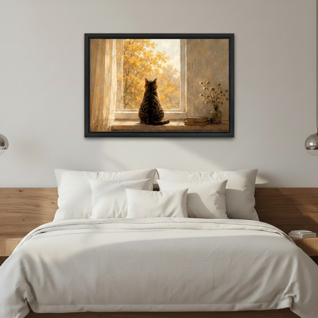 Cat autumn window scene framed canvas print above white bedding bedroom wall