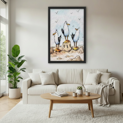 Whimsical seagulls beach watercolor framed canvas wall art print in minimalist living room, charming coastal bird illustration