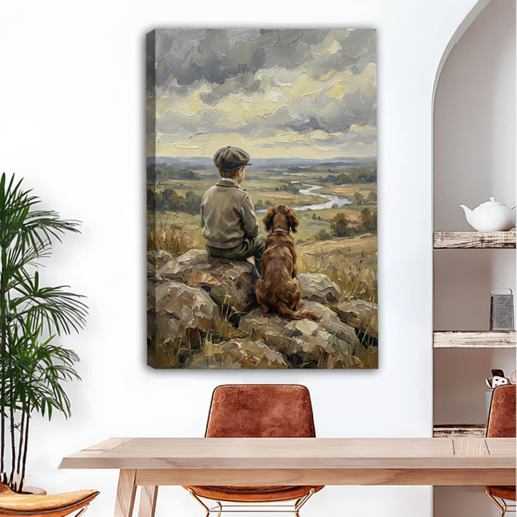 Vintage boy and dog hilltop oil painting gallery wrap canvas art on white wall, frameless rustic home decor