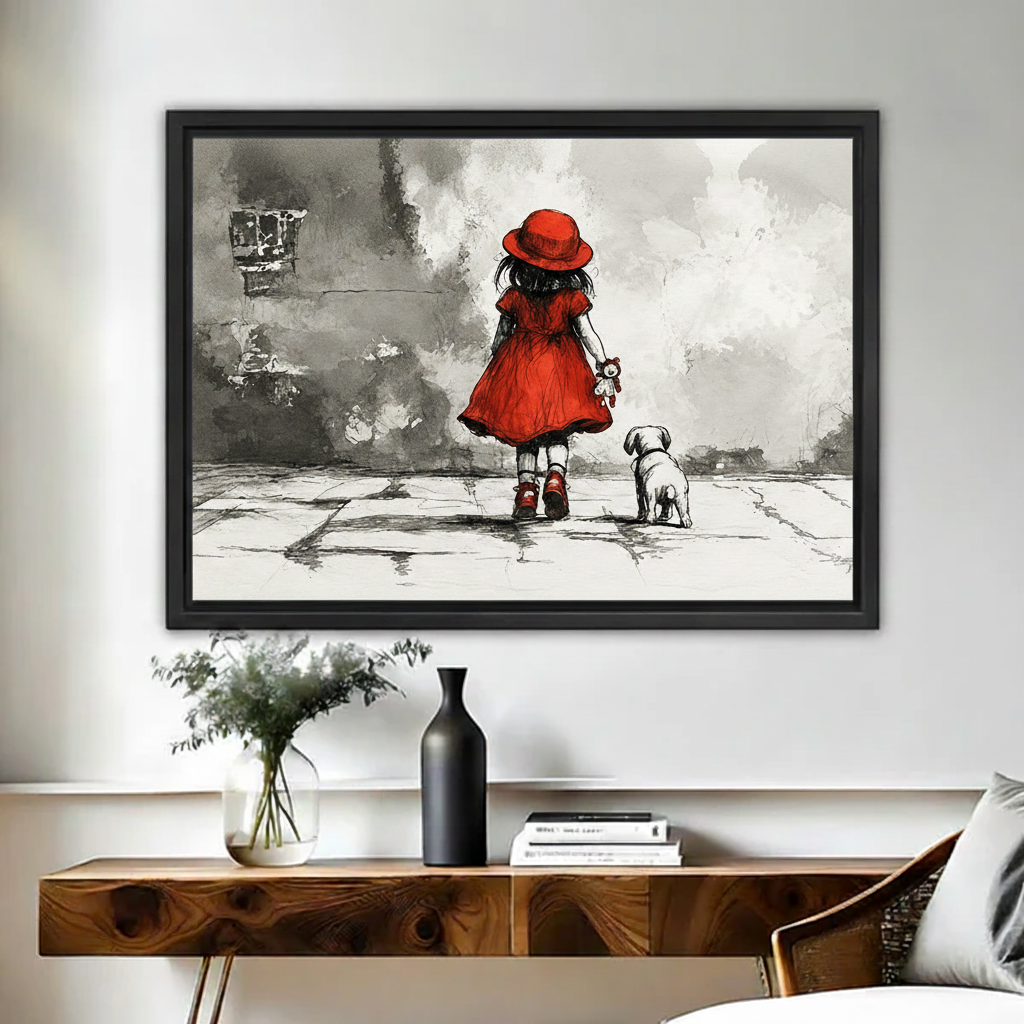 Red dress girl walking white dog ink sketch framed canvas wall art black white emotional decor