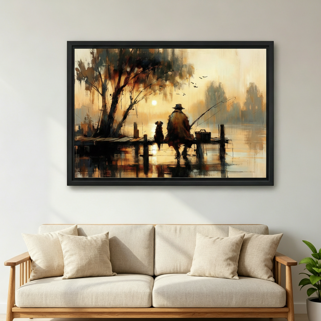 Fisherman dog dock canvas art print, unique rustic gift idea for living room
