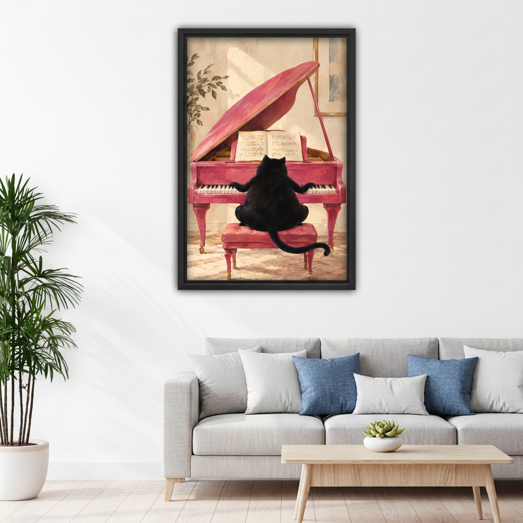 Whimsical Black Cat Playing Piano Canvas Wall Art | Framed & Unframed l4931