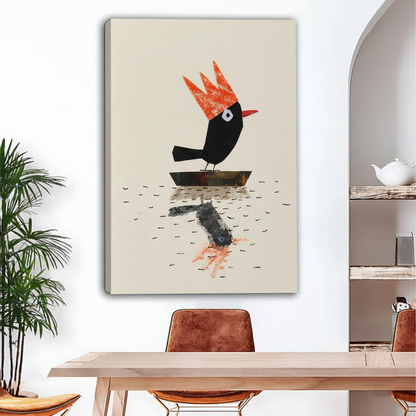 Whimsical black bird with orange crown collage canvas art gallery wrap displayed in modern dining room