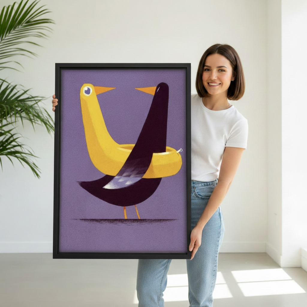 Woman holding large mid-century bird art print with black frame against white studio background