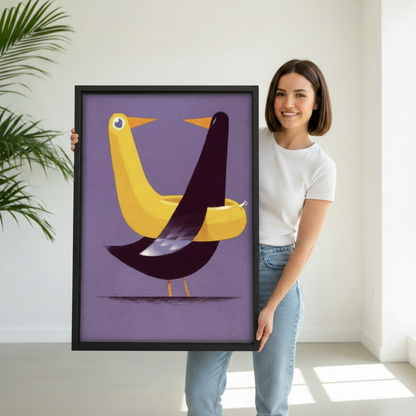 Woman holding large mid-century bird art print with black frame against white studio background