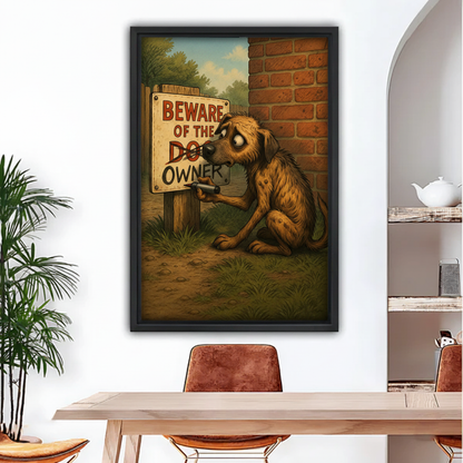 Funny dog beware of owner humorous vintage cartoon framed canvas wall art in black frame above dining table