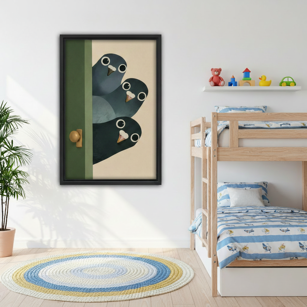 Pigeons peeking green door canvas wall art – black frame flat illustration above desk in home office