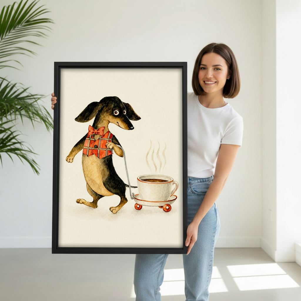 Woman holding dachshund coffee cup watercolor canvas wall art, funny cute dog in red vest framed print gift for dog lovers