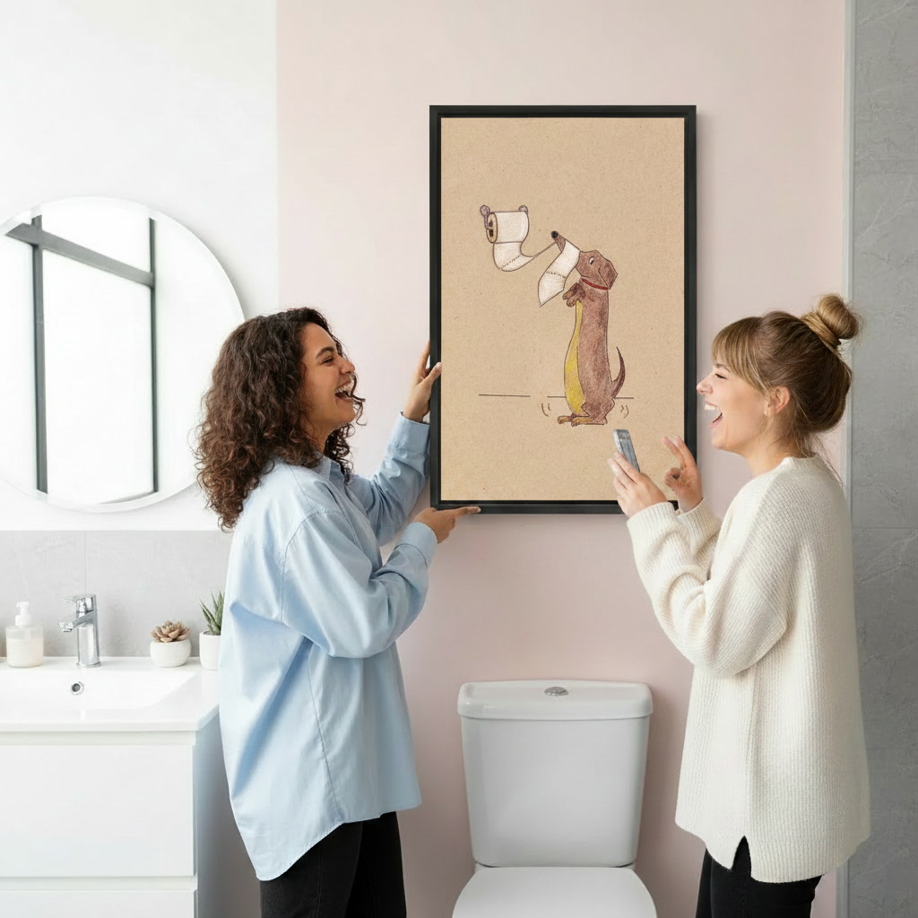 Hand holding funny dachshund toilet paper wall art print showing canvas size