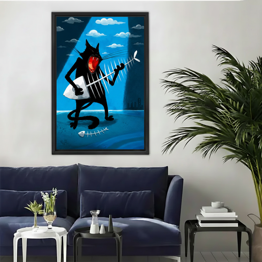 Black cat rock star playing fish bone guitar blue canvas wall art in black frame, dark blue sofa living room