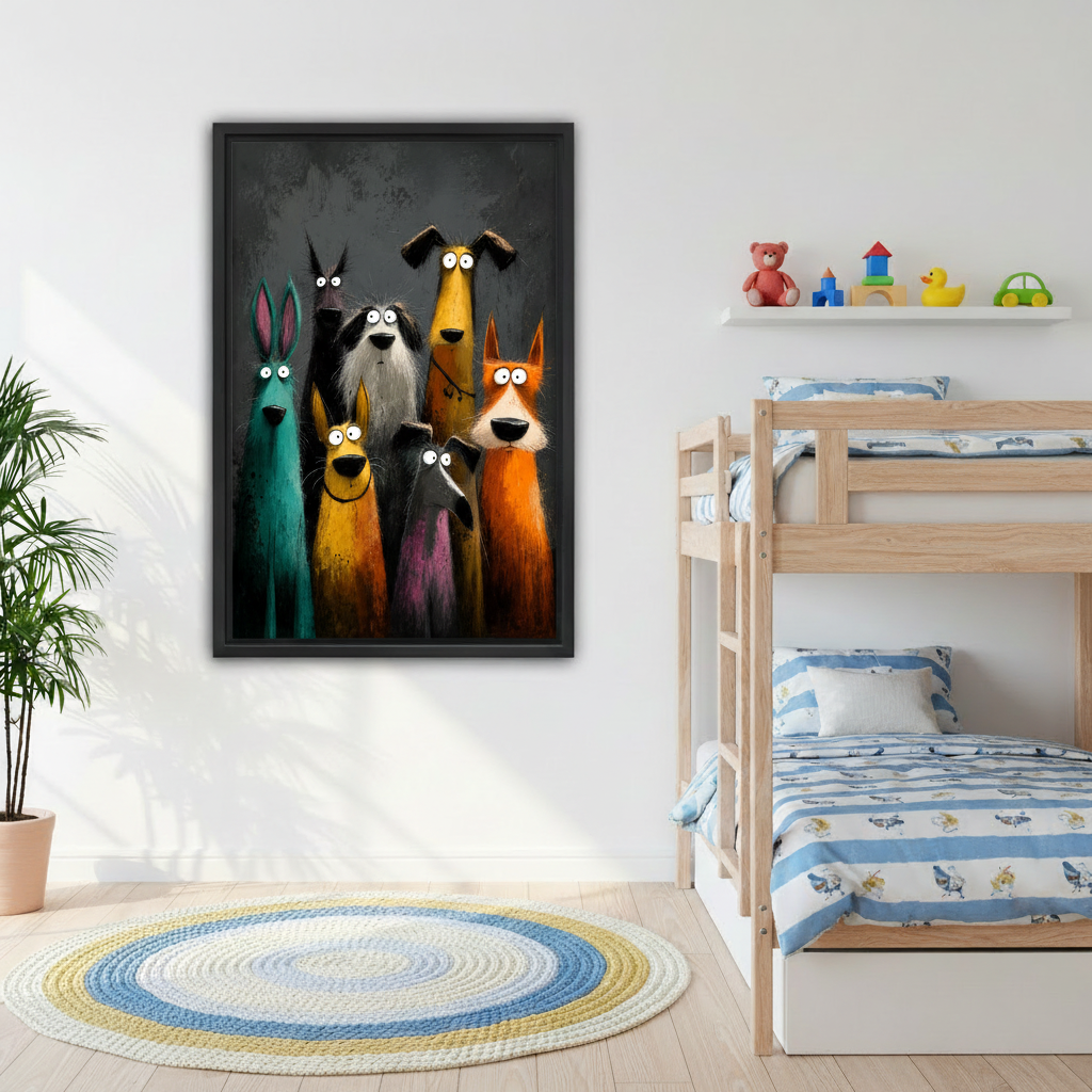 Humorous animal canvas print wall decor with teal rabbit and golden hound