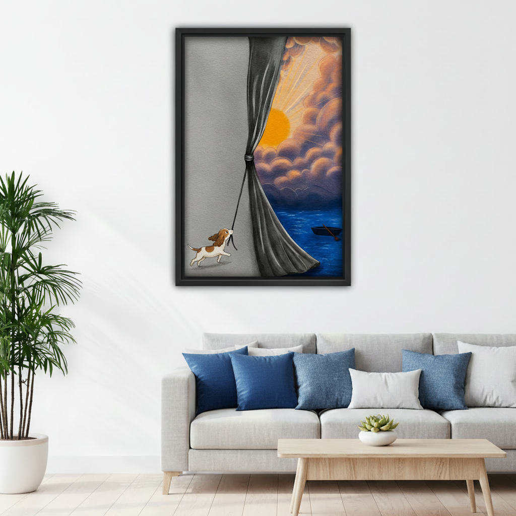 Whimsical dog pulling curtain sunrise canvas wall art – Liberty Signs home decor print