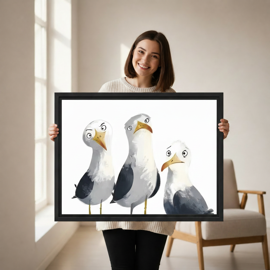 Woman holding whimsical seagull framed canvas wall art — humorous bird print gift for coastal home