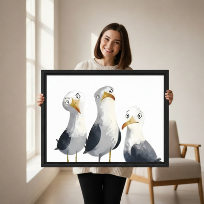 Woman holding whimsical seagull framed canvas wall art — humorous bird print gift for coastal home