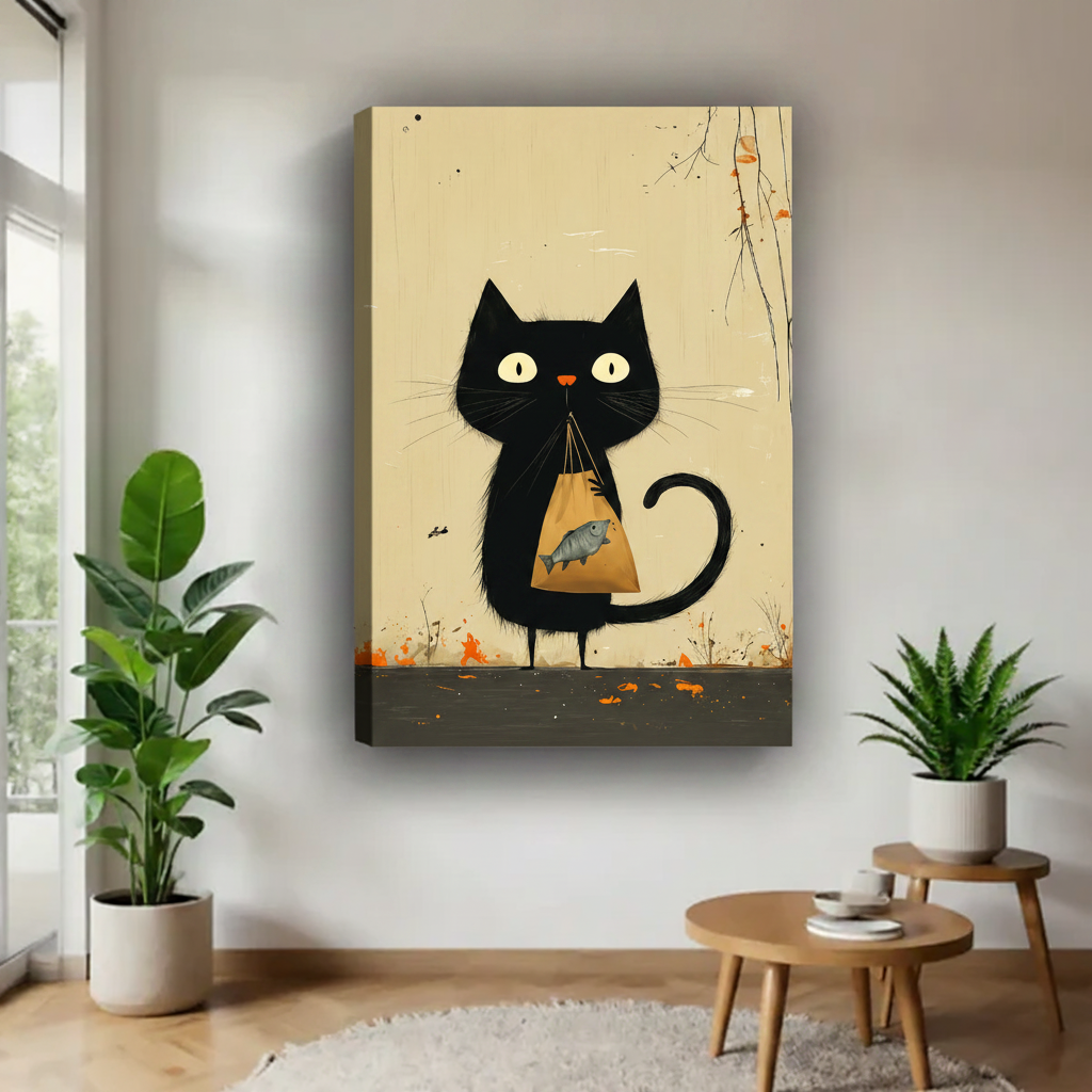 Gallery wrap canvas of black cat carrying fish bag on beige vintage background