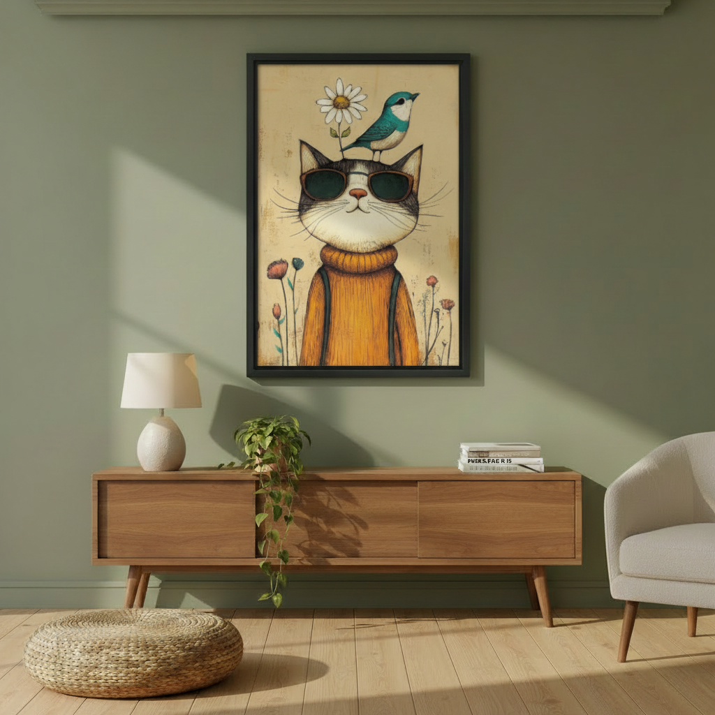 Vintage cool cat framed canvas wall art on white wall, eclectic retro illustration print for living room